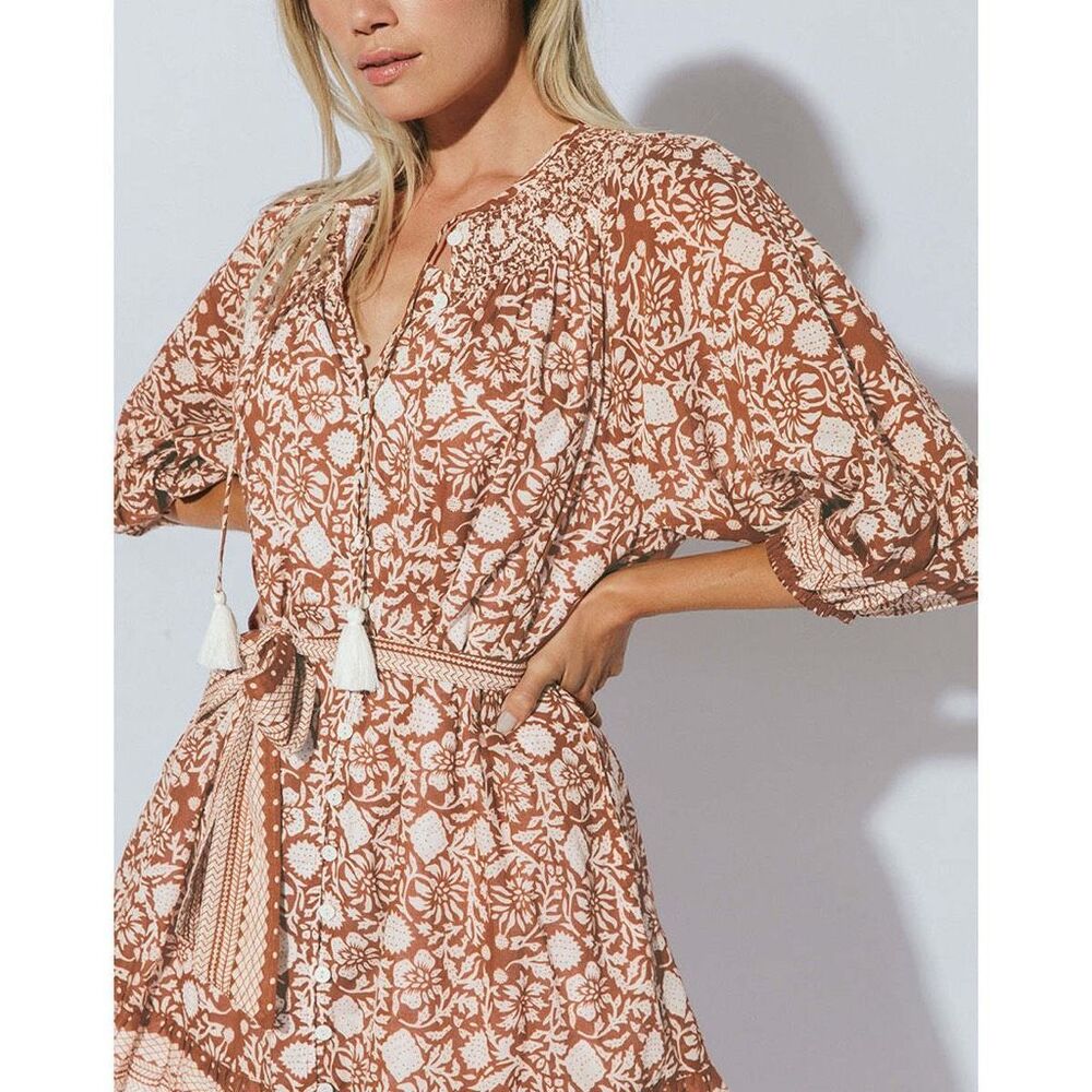 Cleobella Gwen Mini Dress in the Anila Block Print Size M Terracotta